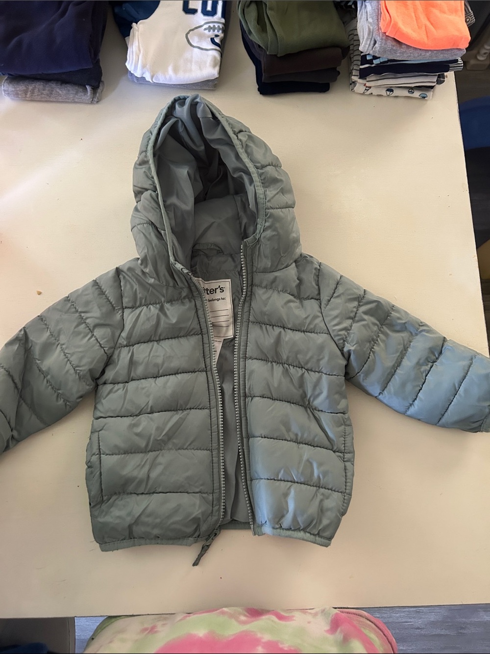 Carter's Light Sage Green Quilted Puffer Jacket with Hood